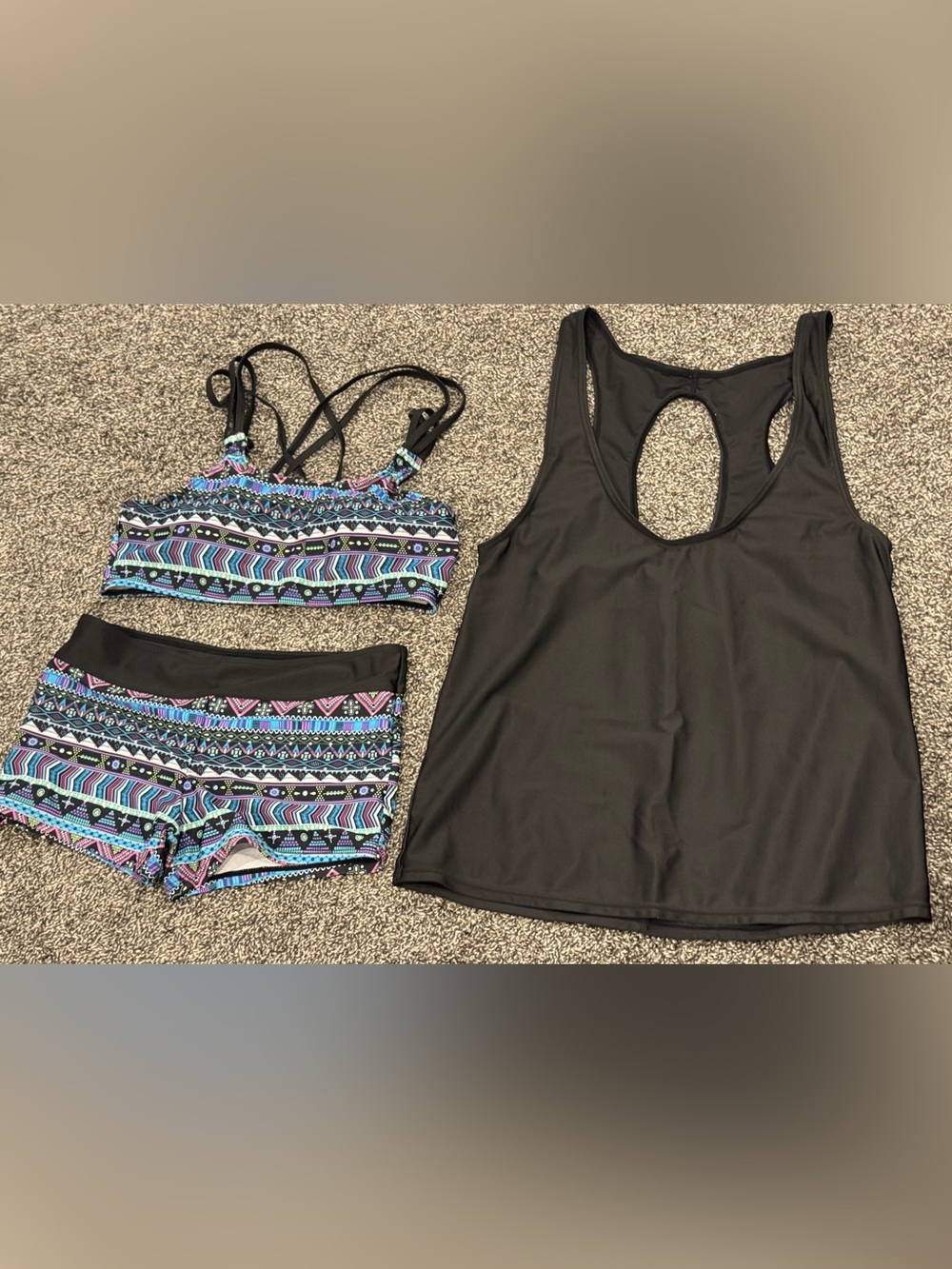 Black Tankini Swim Top with Multicolor Printed Bikini Set - Women Swim